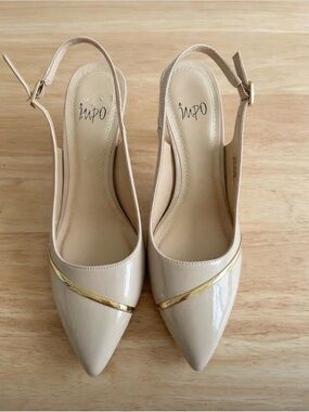Impo Nude Patent Pointed Slingback Flats with Gold Accent